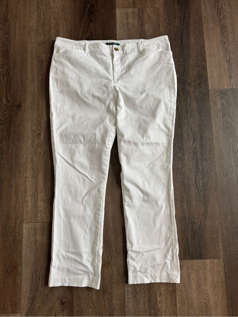 Ralph Lauren White Women's Pants with Gold Logo Button Size 14